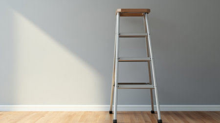 An aluminum ladder propped against a gray wall in an empty room, minimalistic setup ready for renovations or installations.の素材
