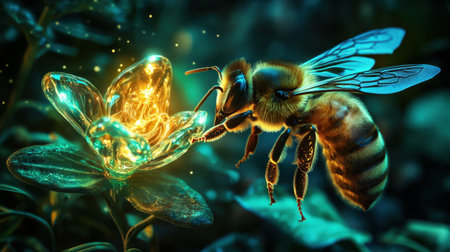 Detailed shot of a honeybee interacting with a glowing glass flower, surrounded by lush greenery and gentle lightingの素材