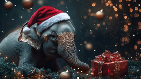 Festive elephant adorned in a Santa hat and surrounded by sparkling Christmas decorations, posing with a wrapped giftの素材