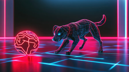 High-tech robotic dog chasing a vibrant glowing ball, in a futuristic room with neon accents and holographic displaysの素材