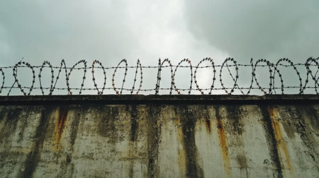 Gloomy gray clouds loom above a concrete wall adorned with rusted barbed wire, symbolizing confinement.の素材