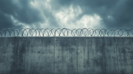 An unsettling scene of a concrete barrier with jagged barbed wire beneath a foreboding, turbulent sky.の素材