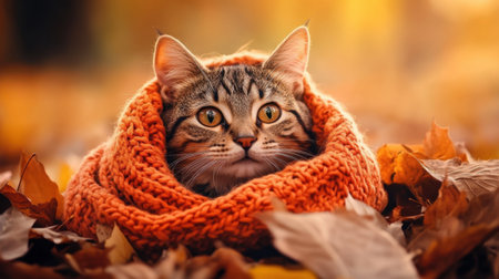 Close-up of a tabby cat wrapped in a knitted orange scarf, sitting in a pile of autumn leaves with a dreamy, golden backgroundの素材