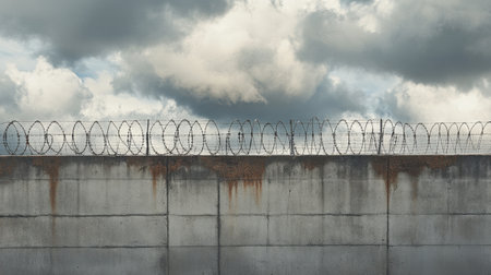 Gloomy gray clouds loom above a concrete wall adorned with rusted barbed wire, symbolizing confinement.の素材