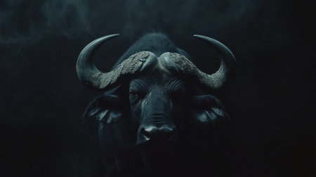 A striking close-up of a majestic black buffalo set against a dark backdrop. The powerful horns and intense gaze evoke themes of wildlife and strength in nature.の素材