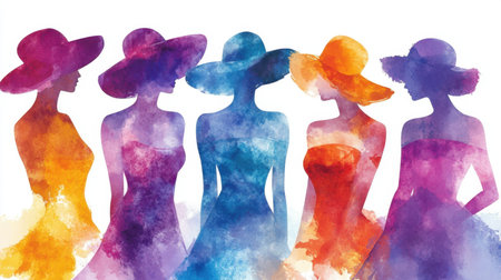 A vibrant watercolor illustration featuring colorful silhouettes of women wearing stylish summer hats. Perfect for themes of fashion, beauty, and diversity.の素材