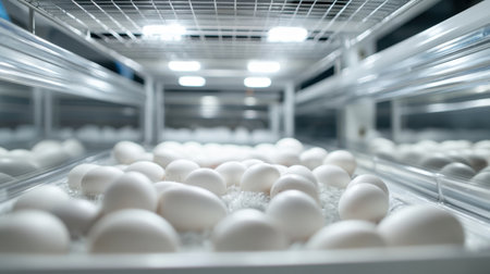 A close-up view of fresh white eggs resting in an incubator tray. This image captures the essence of poultry production and the nurturing process in agriculture.の素材