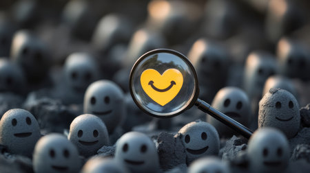 A cheerful scene featuring smiley faces and a magnifying glass revealing a heart, symbolizing joy and positivity in a playful atmosphere.の素材