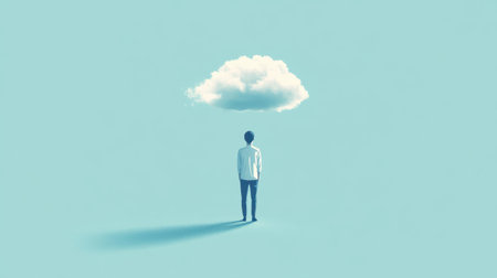 A serene image of a person standing alone beneath a cloud, evoking feelings of solitude and reflection. This minimalist scene captures the essence of dreaming and imagination.の素材