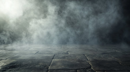 Eerie smoke-filled background with shadows and a textured floor, creating a moody, atmospheric effectの素材