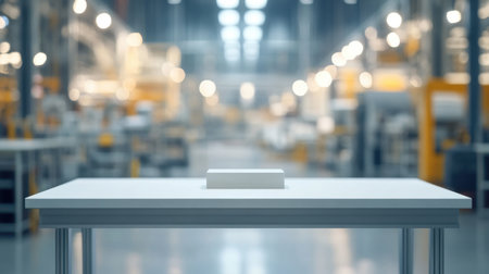 Empty table foreground with blurred industrial factory machinery in the background for product presentationsの素材