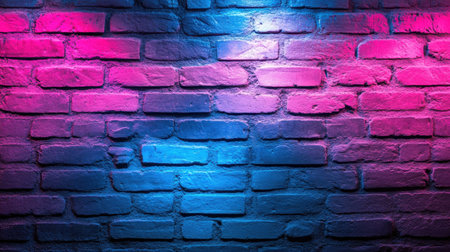 Neon-lit brick wall with alternating pink and blue tones, creating a dynamic textured backgroundの素材