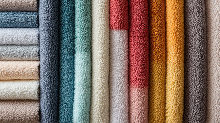 Fluffy terry cloth fabric with detailed looped textures, perfect for cozy home textile backgroundsの素材