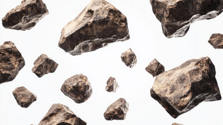 Floating rough meteorite rocks with realistic cracks and patterns on a pristine white backdropの素材