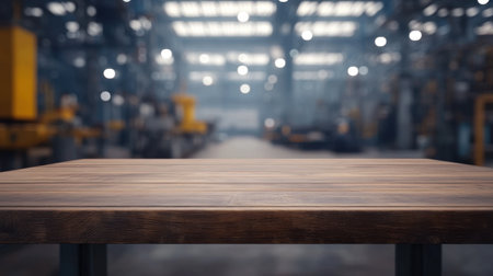 Empty wooden tabletop with a blurred industrial factory background, ideal for product display conceptsの素材