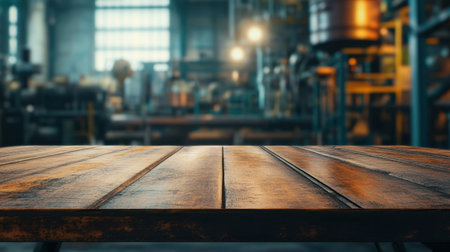 Empty table foreground with blurred industrial factory machinery in the background for product presentationsの素材