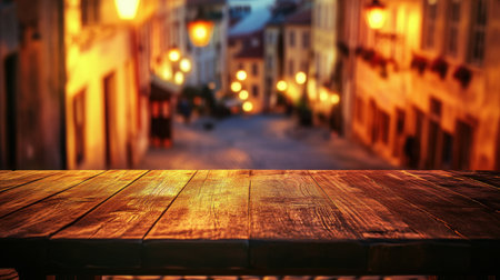 Empty table with a blurred nighttime European background, showcasing glowing streets and vintage lampsの素材