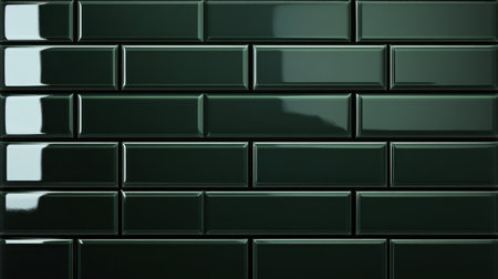 Glossy dark green subway tile wall texture with a seamless wide tile pattern, perfect for chic designsの素材