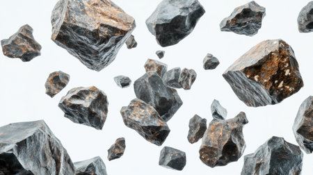 Realistic cluster of meteorite rocks suspended on a white background, highlighting intricate details and texturesの素材