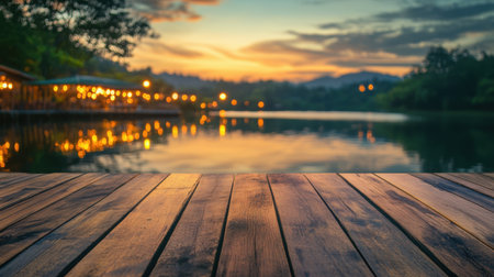 Empty wooden surface set against the backdrop of a glowing lakeside cafe, reflecting on still water at sunsetの素材
