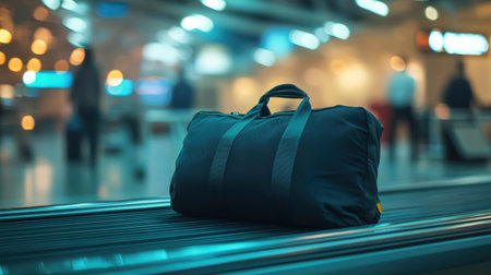 A black duffel bag sits prominently on a moving airport conveyor belt, with blurred background showcasing passengers and luggage.の素材