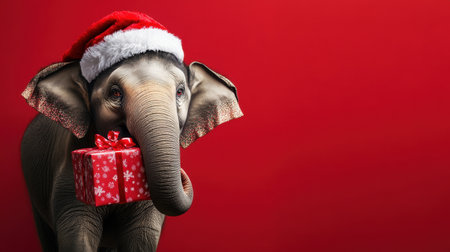 A cheerful elephant wearing a Santa hat, holding a festive gift in its trunk against a bright red background.の素材