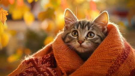 An inquisitive tabby cat peeking out of an orange scarf, with a backdrop of colorful fall foliage and gentle sunlightの素材