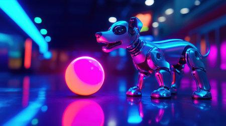 A close-up of a robotic dog with metallic features, joyfully interacting with a neon-glowing ball on a glossy floorの素材
