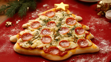 A creative pizza shaped like a Christmas tree, topped with cheese, pepperoni, and a star-shaped crust, on a festive red tablecloth.の素材