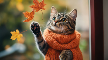 A playful tabby cat wrapped in an orange scarf, batting at colorful autumn leaves in a cozy home scene.の素材