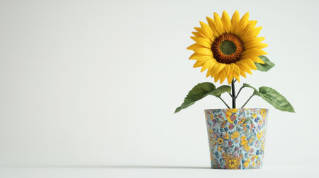A cheerful artificial sunflower in a colorful pot, placed against a white backdrop with ample space for customization.の素材