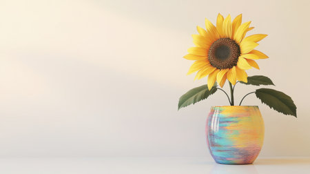 A decorative artificial sunflower in a vibrant colored wooden pot, centered on a white surface with a blank wall backdrop.の素材