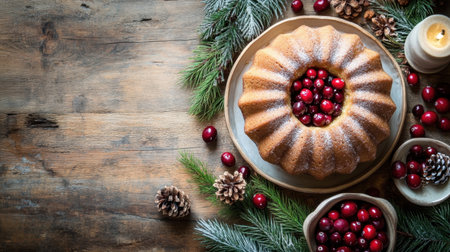 A beautifully glazed bundt cake decorated with dried cranberries, next to a bowl of cranberries and pine nuts on a rustic table.の素材