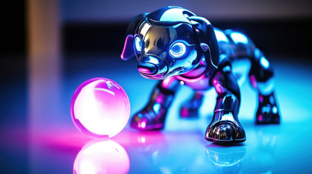 A close-up of a robotic dog with metallic features, joyfully interacting with a neon-glowing ball on a glossy floorの素材