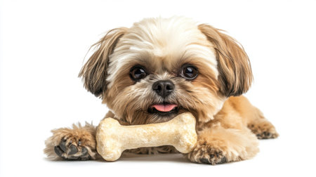 A small dog posing with a bone in its mouth, set against a stark white backdrop with room for text.の素材