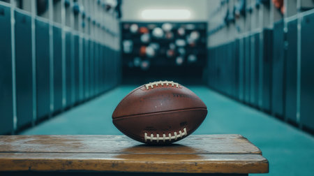 A football resting on a wooden bench, framed by the organized chaos of a lively locker room in the background.の素材