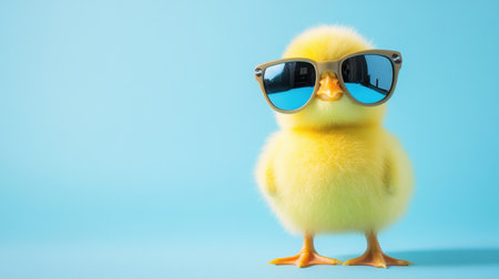 A funny yellow Easter chick wearing oversized sunglasses, standing confidently against a light blue background.の素材