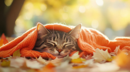 A peaceful tabby cat napping under an orange scarf, leaves scattered around in a soft-focus autumnal settingの素材