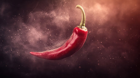 A vibrant red chili pepper floating mid-air, surrounded by swirling dust particles, against a dramatic dark background.の素材