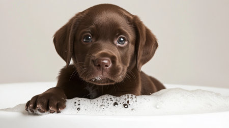 A lively Labrador Retriever puppy surrounded by foam and bubbles in a white bathtub, set in a clean studio environment.の素材