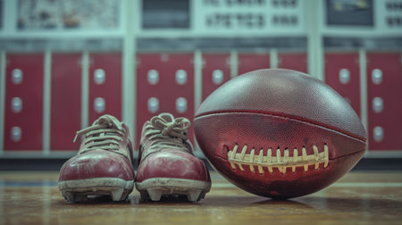 A football sitting beside a pair of cleats on a wooden surface, with the blurred backdrop of lockers and motivational posters.の素材