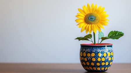 A stylish artificial sunflower arrangement in a colorful pot, with a minimalistic white wall in the background for text placement.の素材