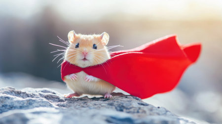 An adorable hamster superhero ready for action, cape billowing in the wind, standing against a bright and dynamic background.の素材