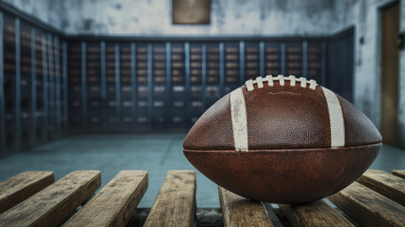 A football resting on a wooden bench, framed by the organized chaos of a lively locker room in the background.の素材
