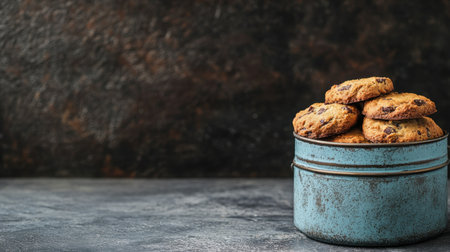 A rustic blue tin containing ginger biscuits, positioned to the right, with a dark and elegant background for left-side text.の素材