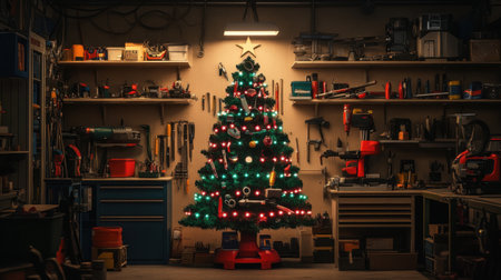 A unique Christmas tree crafted from tools and decorated with colorful lights, standing on a festive workshop floorの素材
