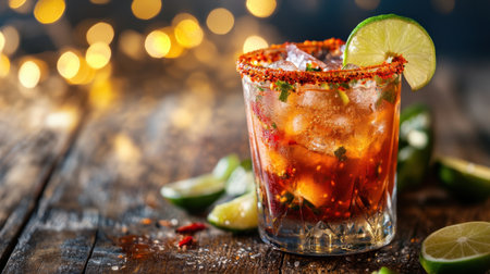 A vibrant michelada cocktail served in a rustic glass, garnished with lime and chili rim, with bokeh lights in the background.の素材