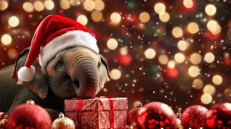 Festive elephant adorned in a Santa hat and surrounded by sparkling Christmas decorations, posing with a wrapped giftの素材