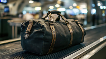 A well-worn black duffel bag moving down a conveyor belt, with other bags in the distance under bright airport lights.の素材
