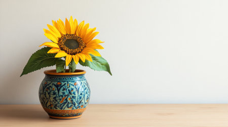 A stylish artificial sunflower arrangement in a colorful pot, with a minimalistic white wall in the background for text placement.の素材